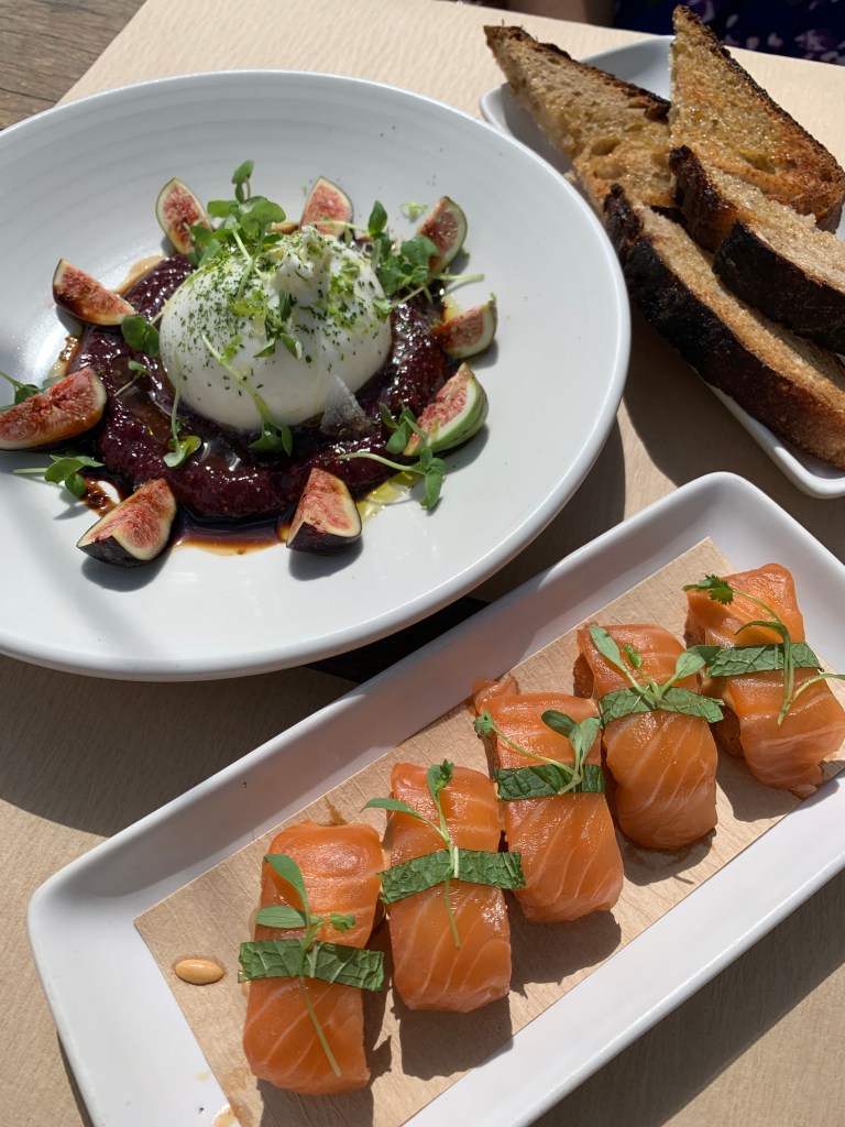 Fig burrata and crispy rice sushi with salmon